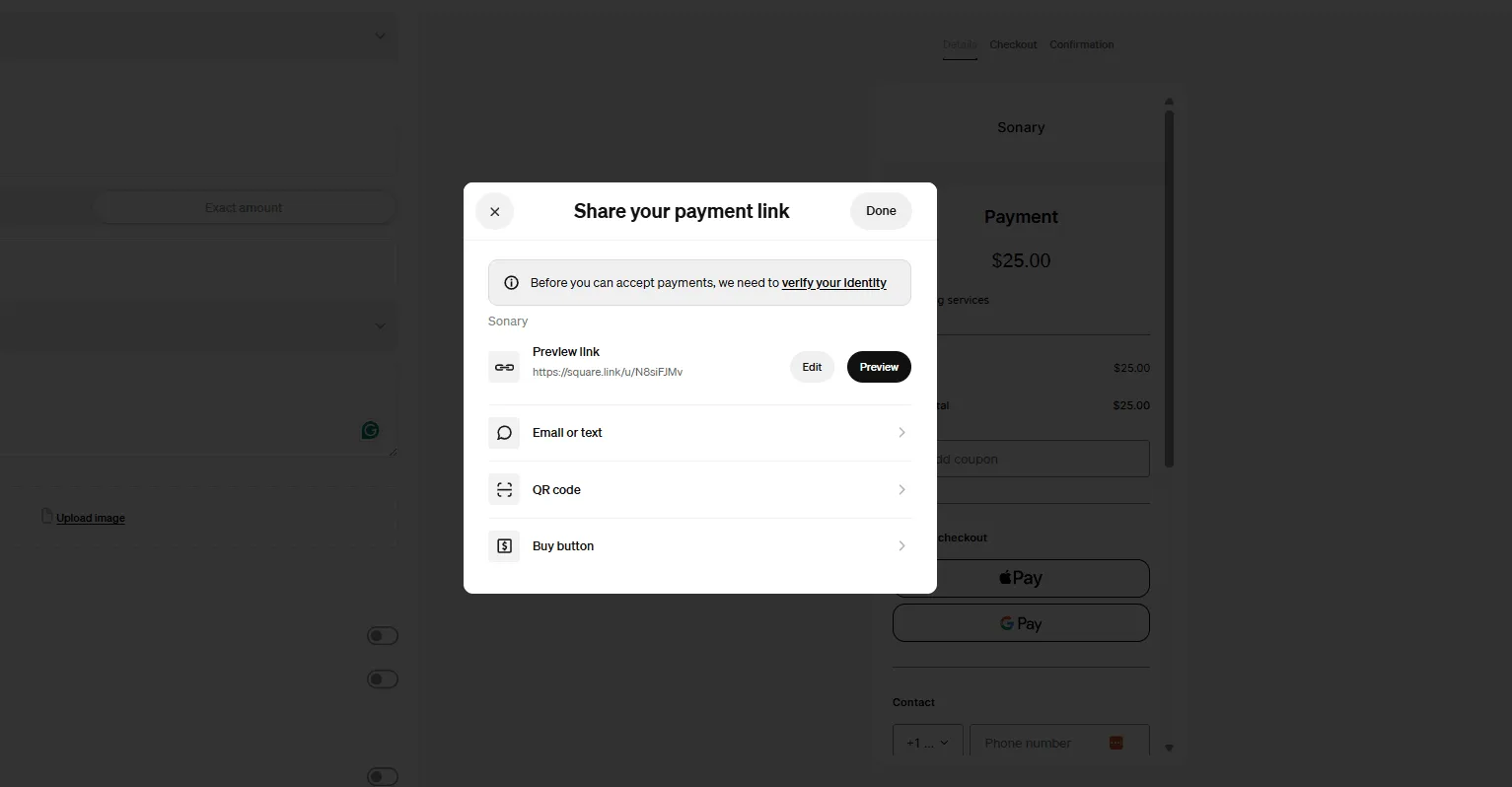 square create payment links email, qe code, buy button