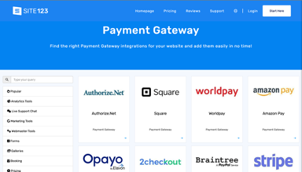 Site123 app market integrations with payment gateways