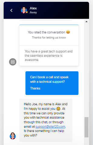 Live chat support conversation with agent Site 123