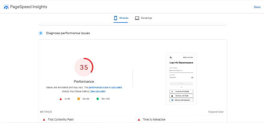 Squarespace site and page speed performance indicator