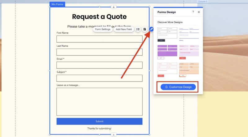Customizing your form on Wix Forms with arrow pointing to where