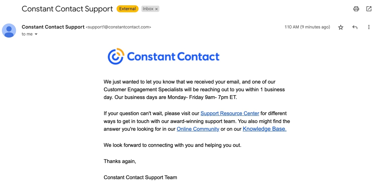 Constant Contact Email response