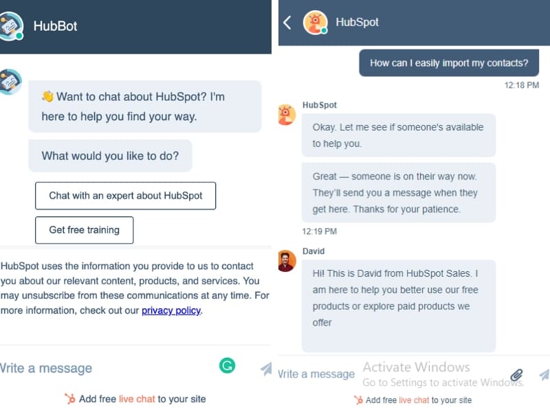 HubSpot Live chat bot suppor