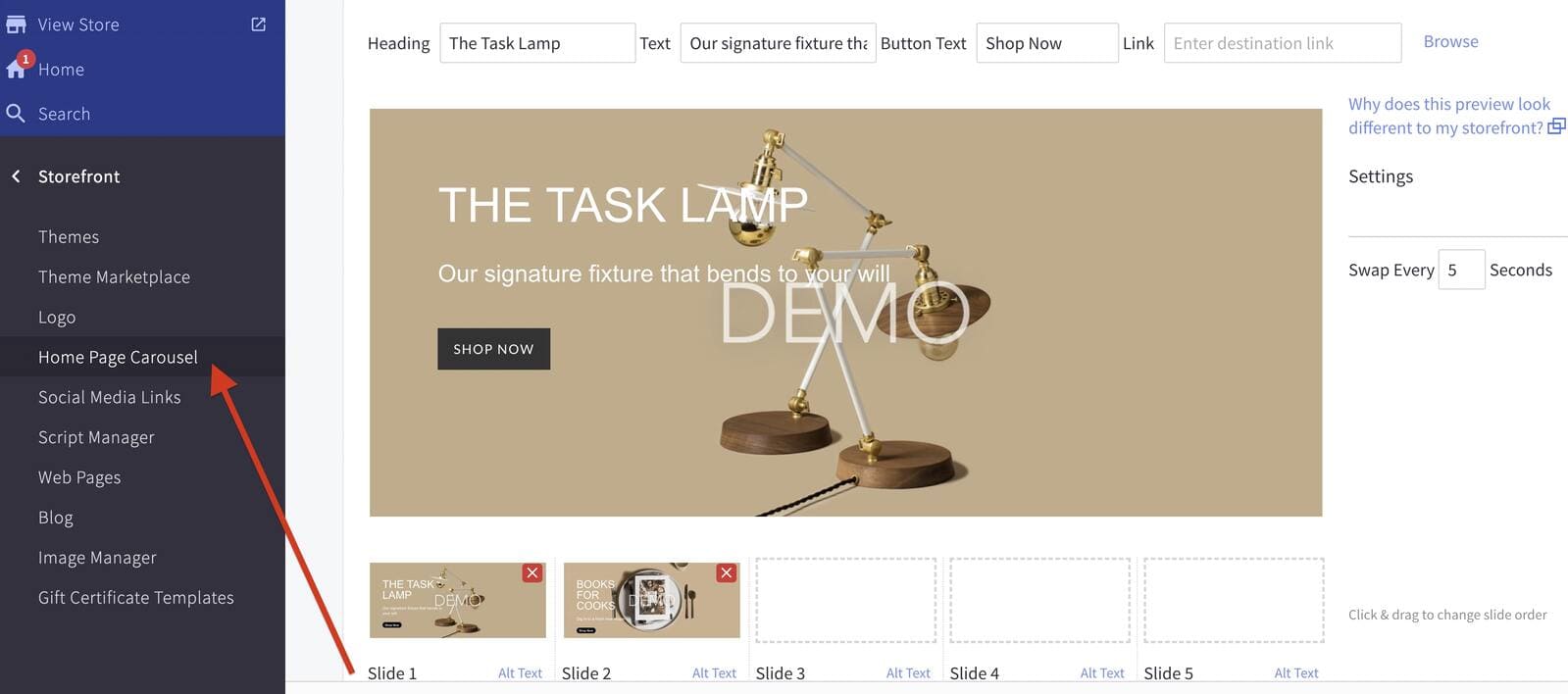 BigCommerce homepage carousel