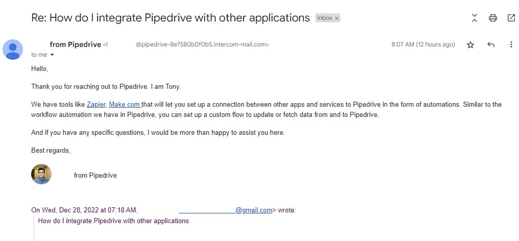 Pipedrive email support response