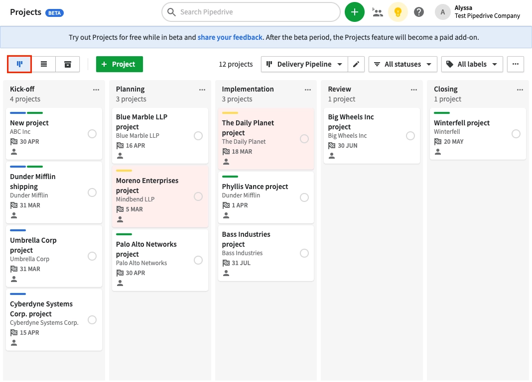 pipedrive projects kanban view