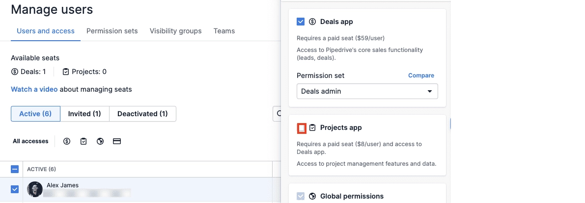 Pipedrive Projects user access