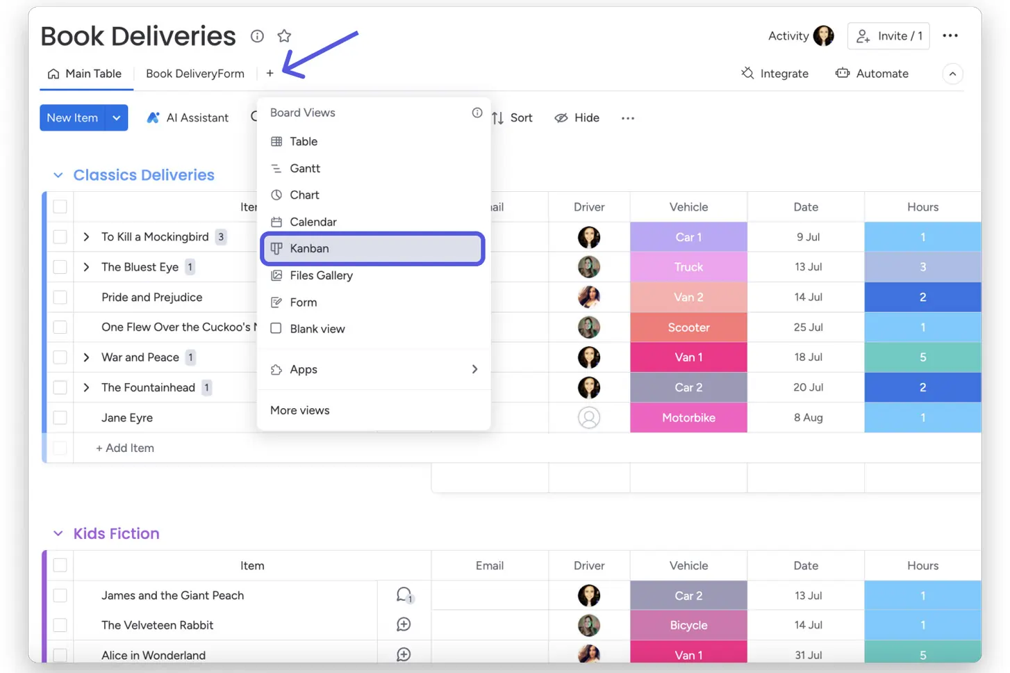 Monday CRM Kanban Management Interface