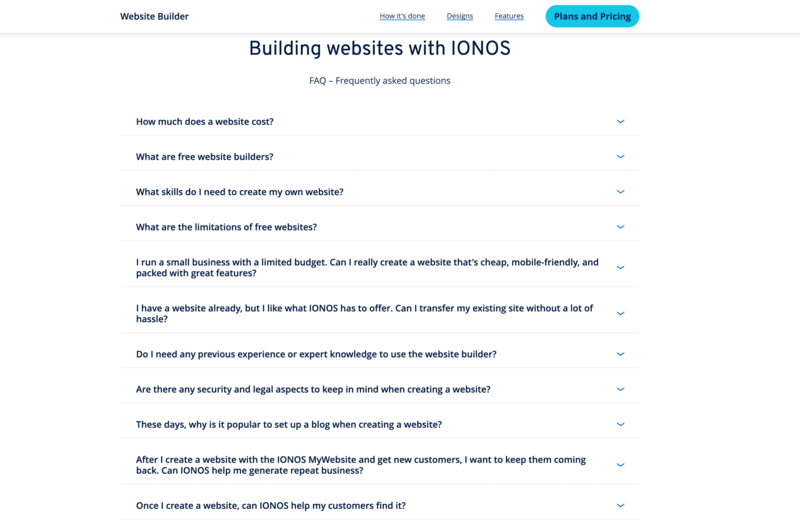 IONOS Frequently asked questions page with answers