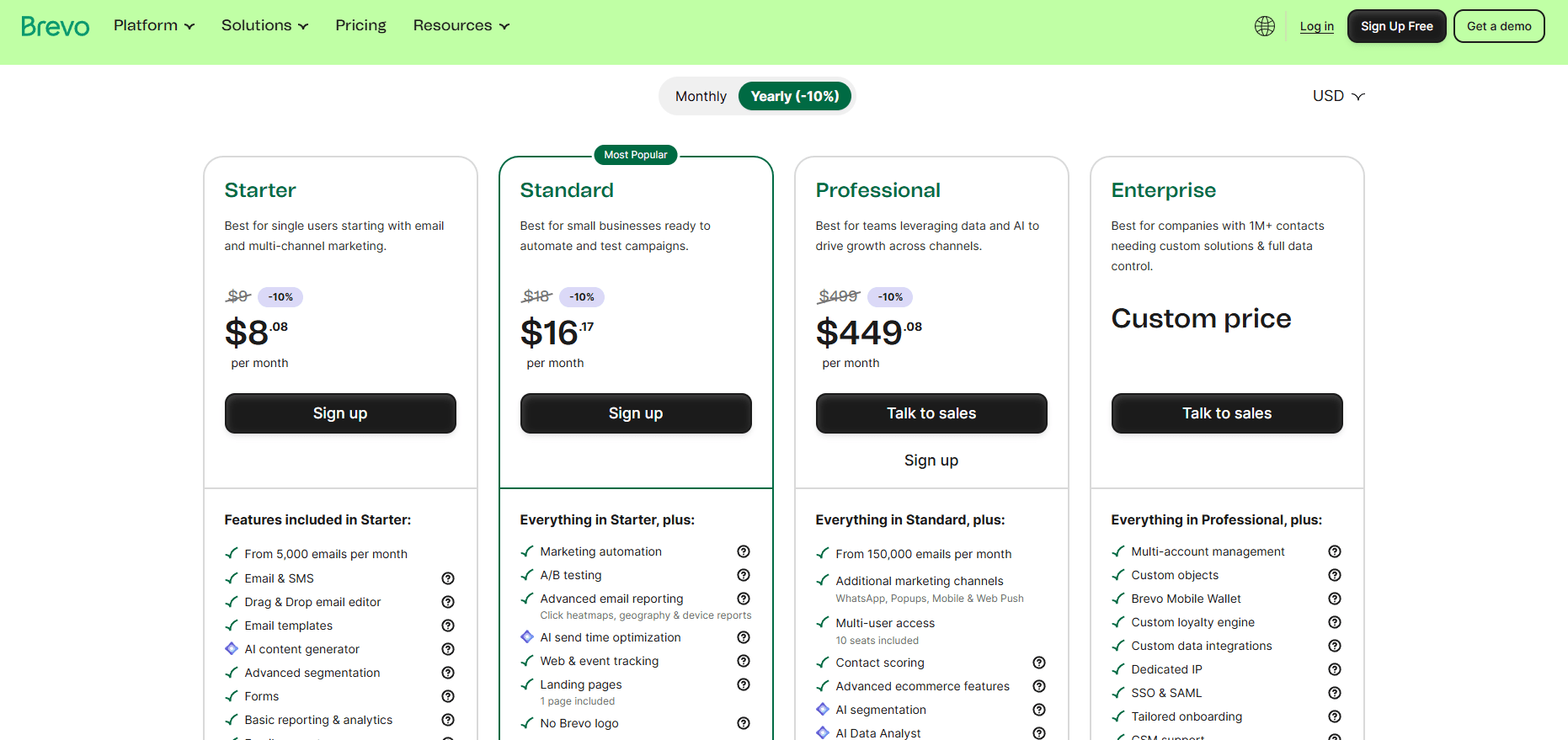 Brevo CRM plans and pricing