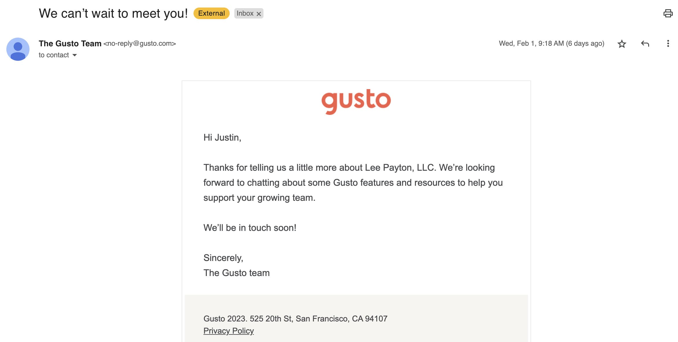 Gusto Contact Submission Reply