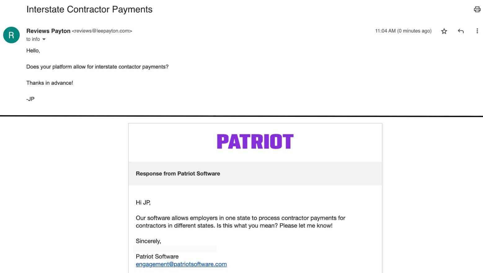 Patriot Email response