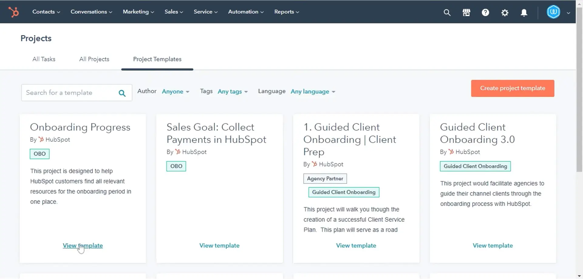 HubSpot Pre-Built Project Templates