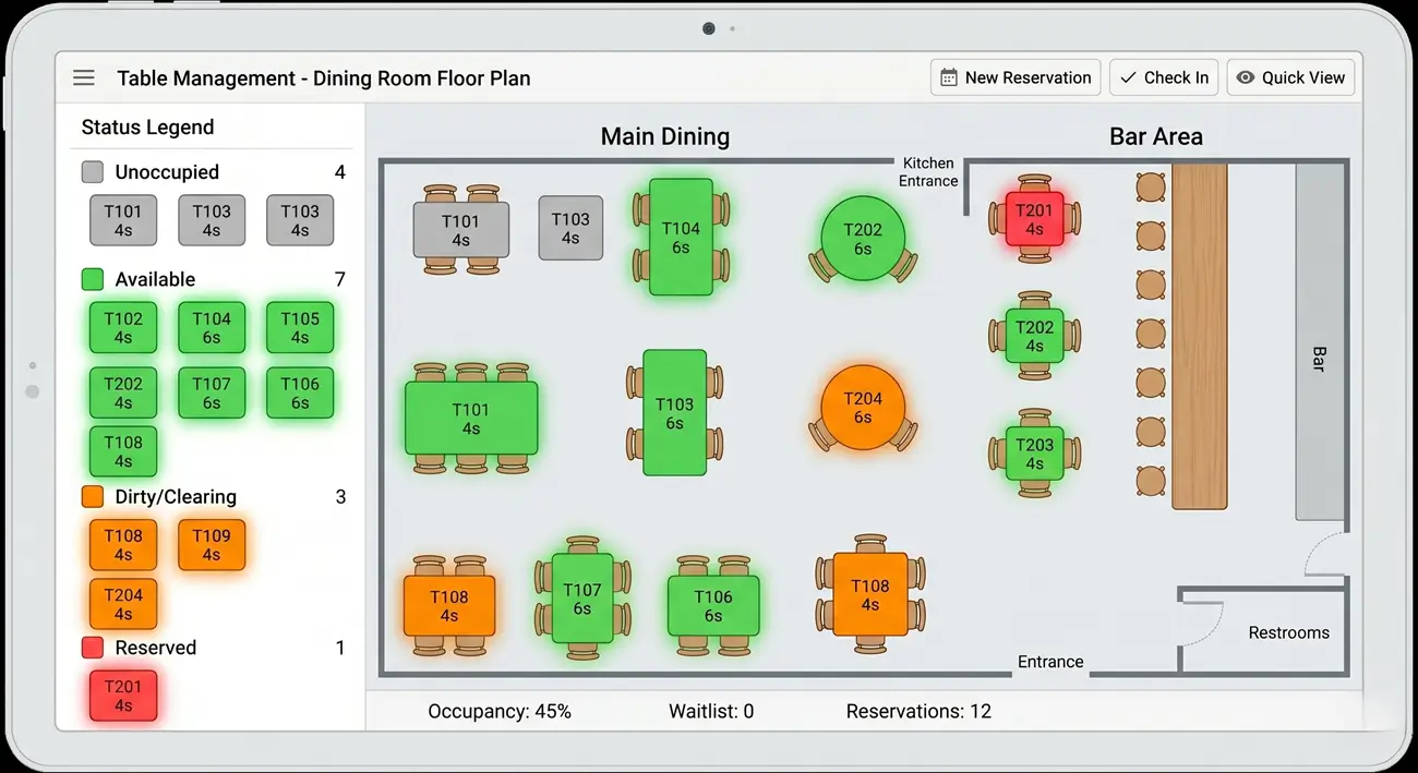 Restaurant table management - dining room layout on screen with table status