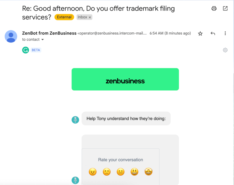 Zenbusiness Chat Support Follow Up