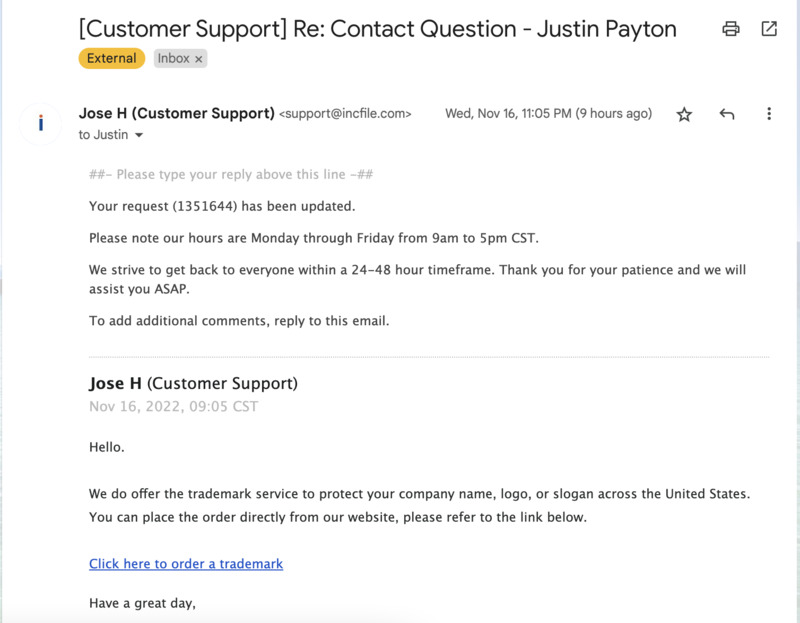 Incfile Contact Submisson - Reply