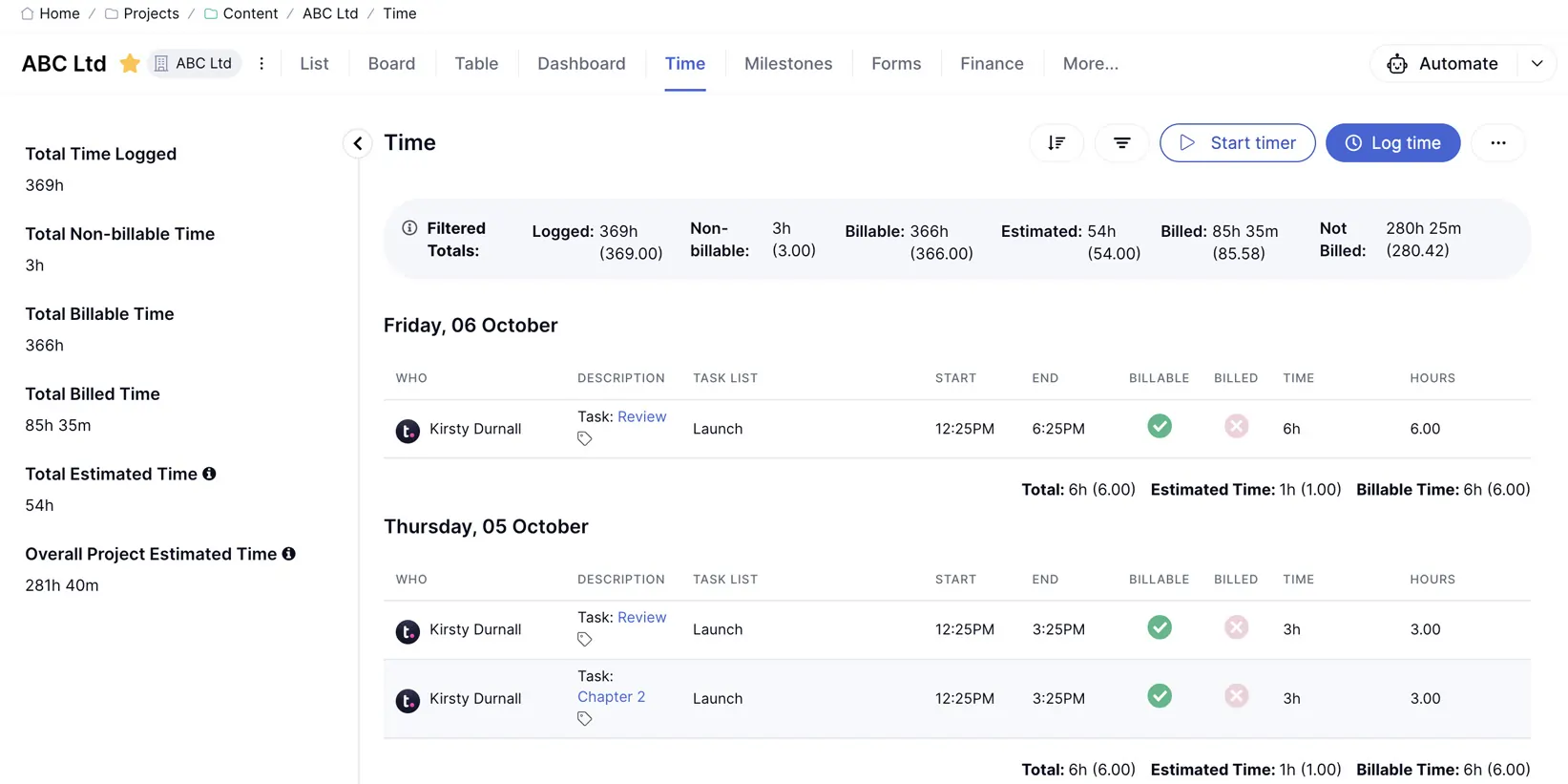 Teamwork Time tracking
