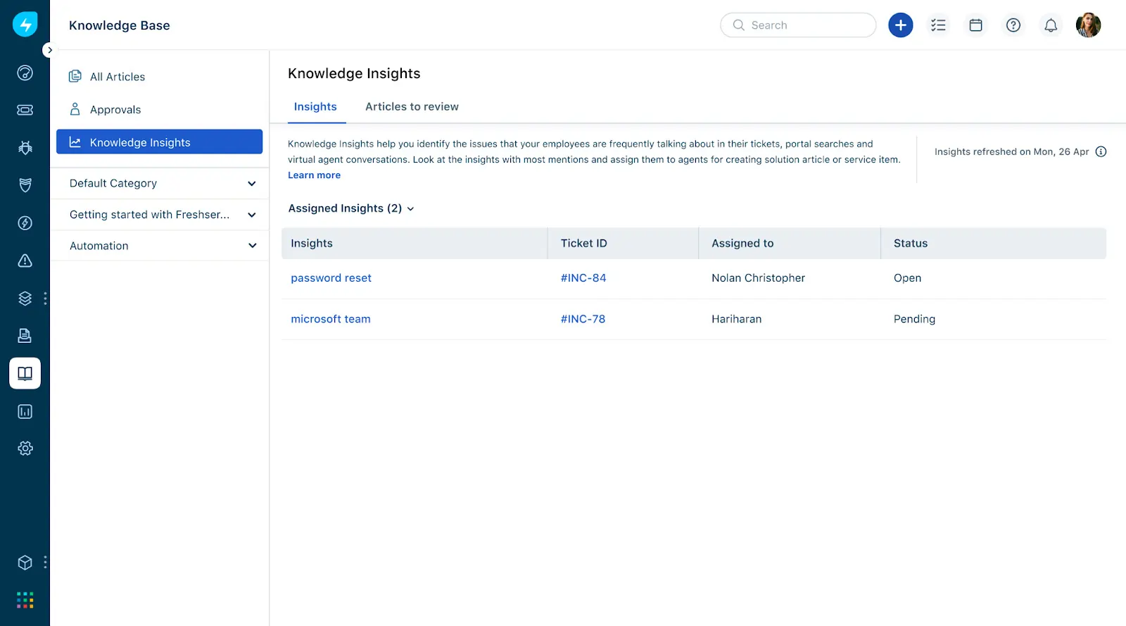 Freshservice Intuitive Predictive Insights