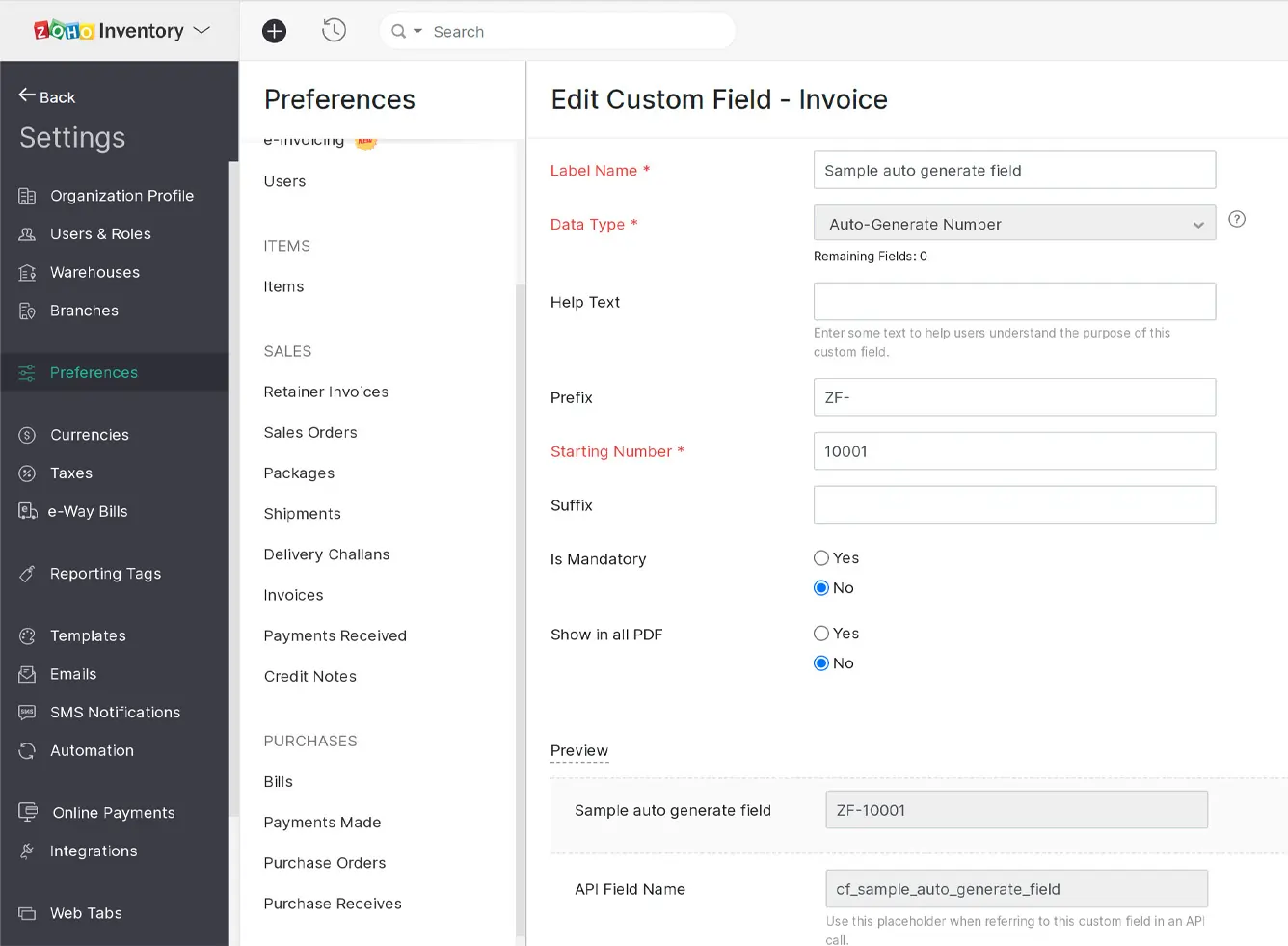 Zoho Customisable Features