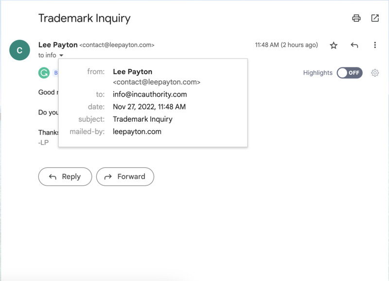 Inc. Authority Email Request - Sent
