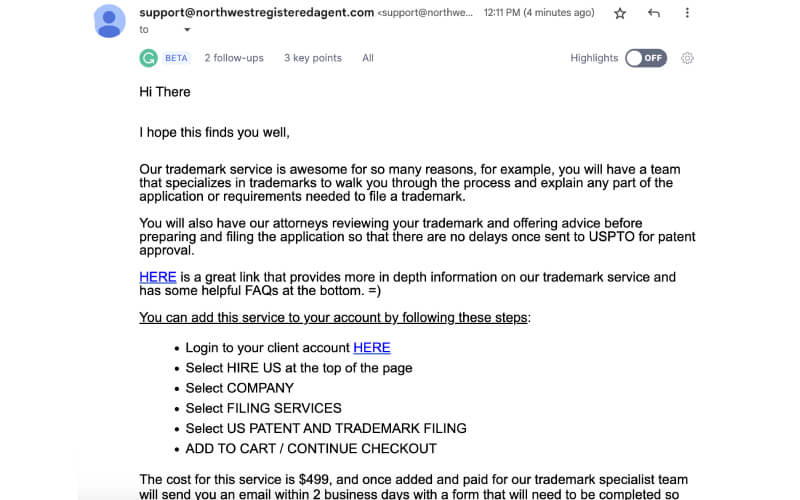 northwest registered agent email response