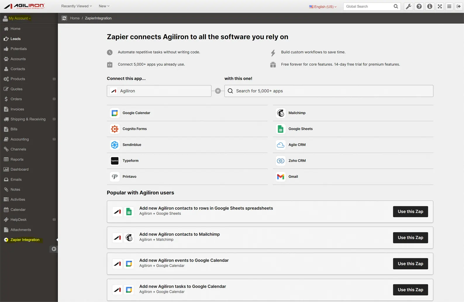 Agiliron Integrations and Add-Ons