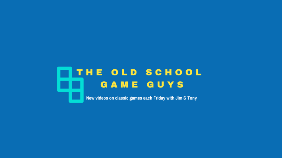 An example of an effective YouTube banner design with four colors and legible fonts that says, “The Old School Game Guys".