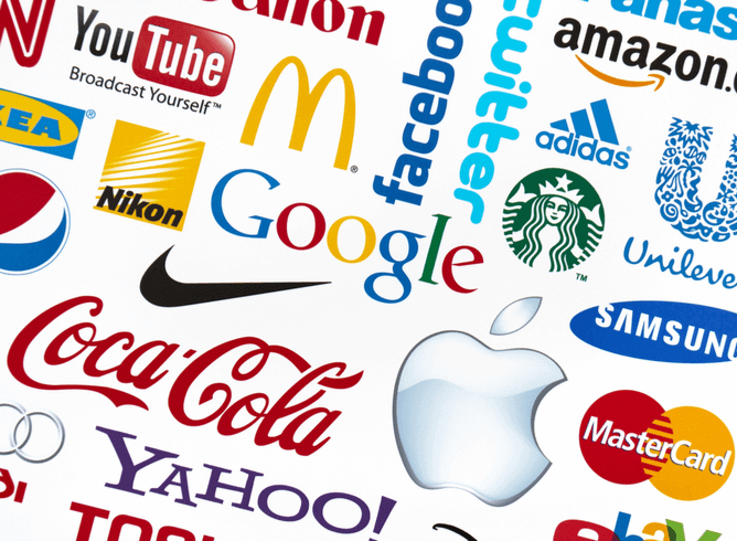 A logotype collection of well-known world brand's printed on paper. Include Google, McDonald's, Nike, Coca-Cola, Facebook, Apple and more others logo