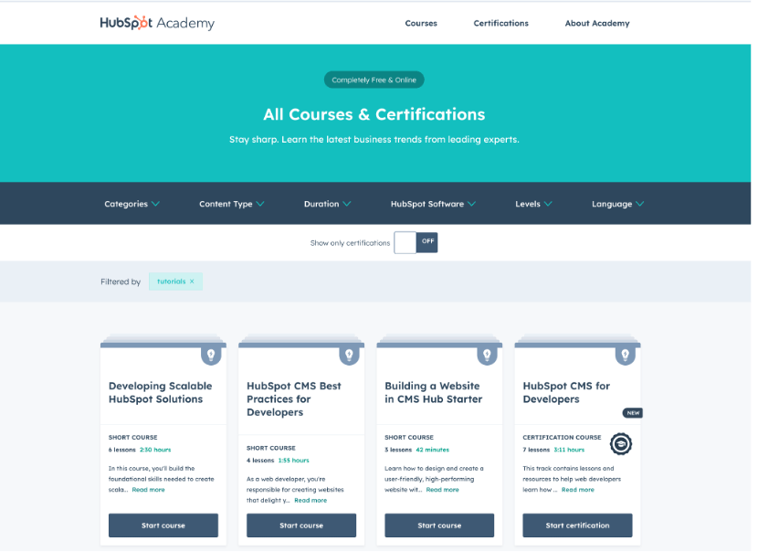 HubSpot Academy portal for courses and certifications