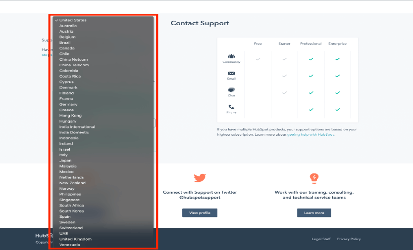 HubSpot Phone support options for countries
