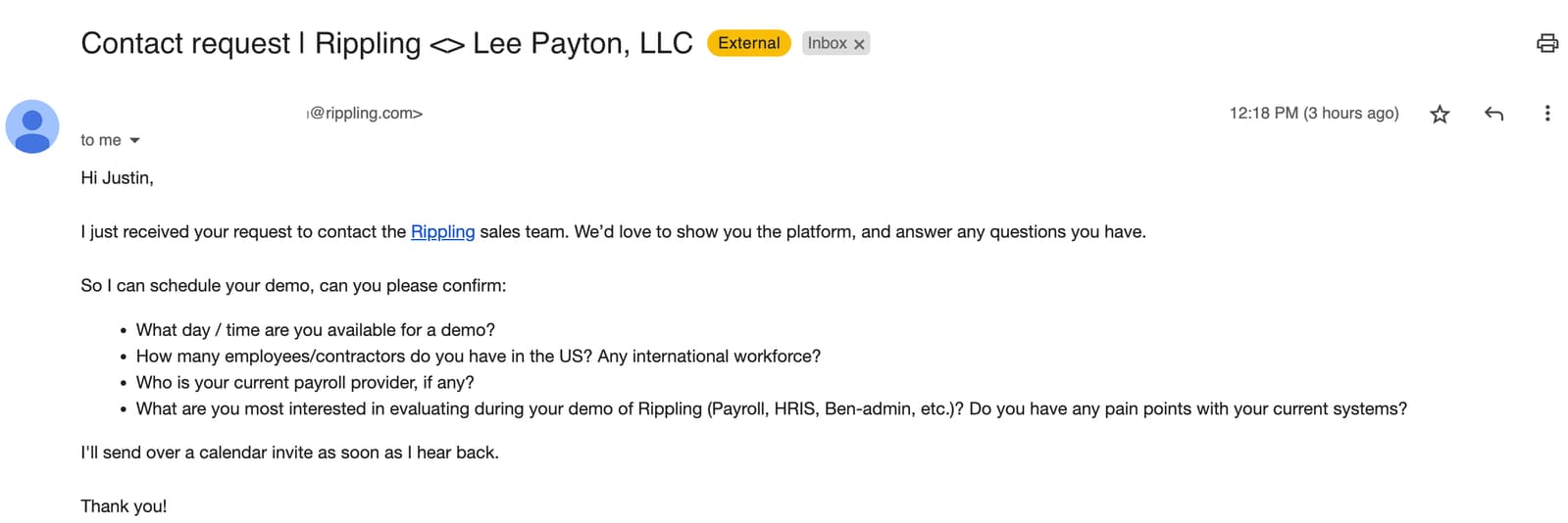 Rippling email support response