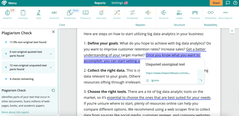 ProWritingAid analysis of text within the document