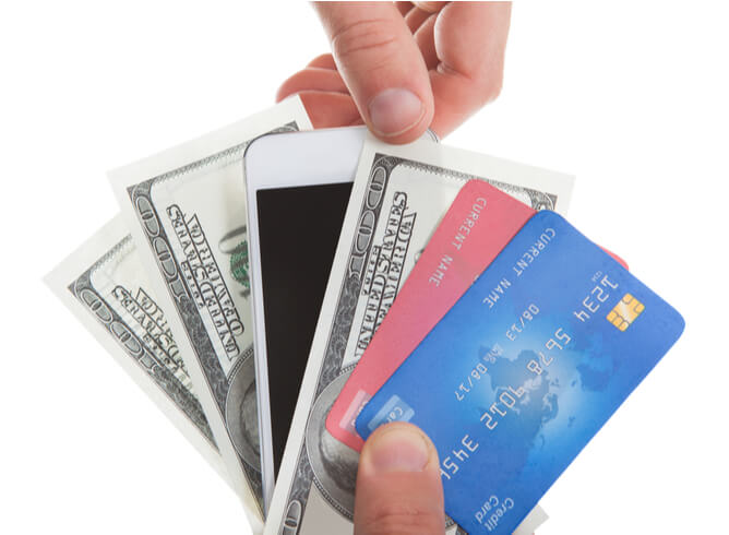 bank cards, cash and phone payments