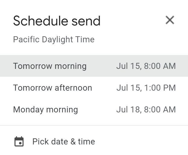 Screenshot of the pop-up window that appears after you click “Schedule send” with dates and times to schedule a Gmail email