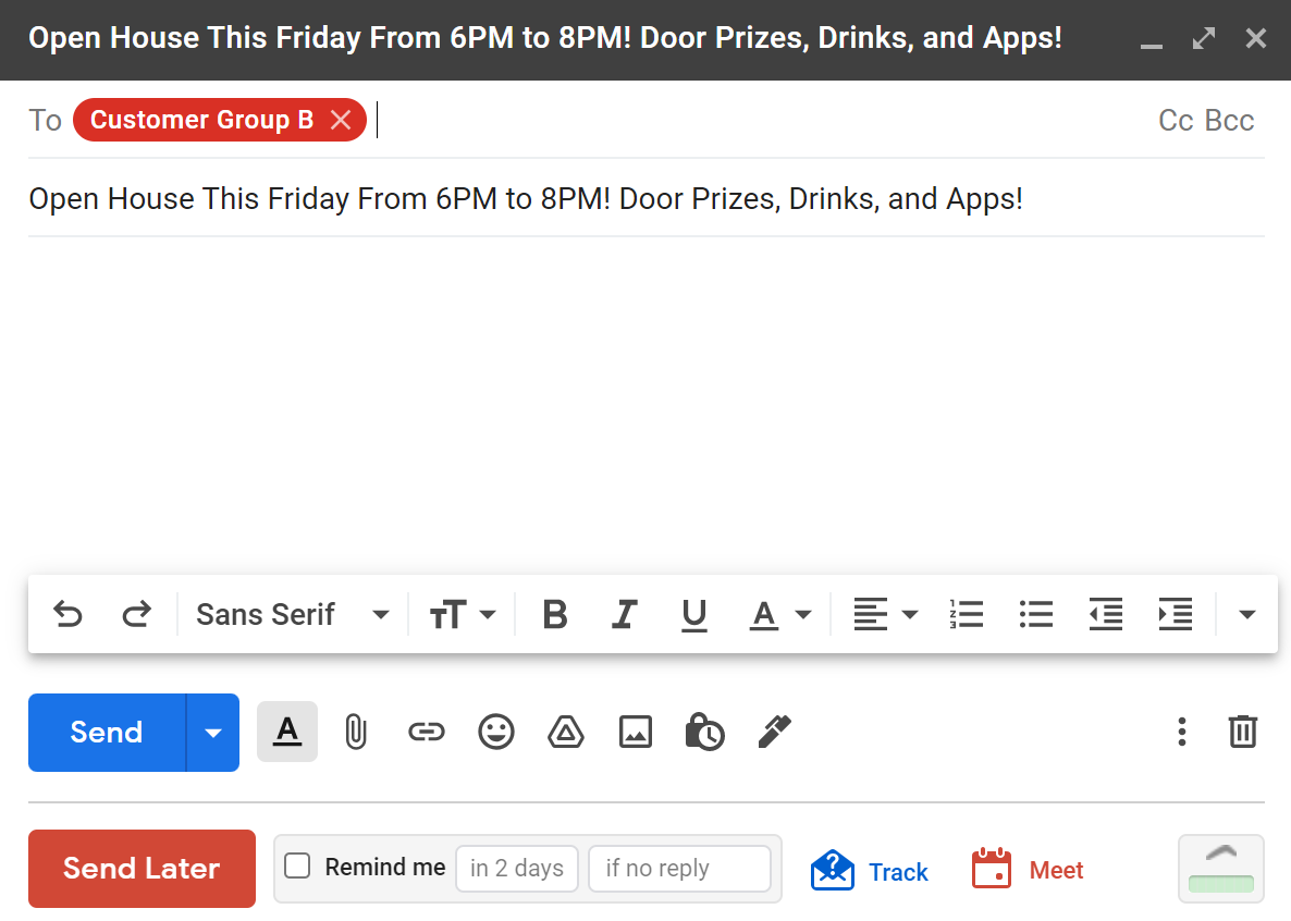 Screenshot of an email being composed with Boomerang’s tools along the bottom for scheduling, reminders, etc