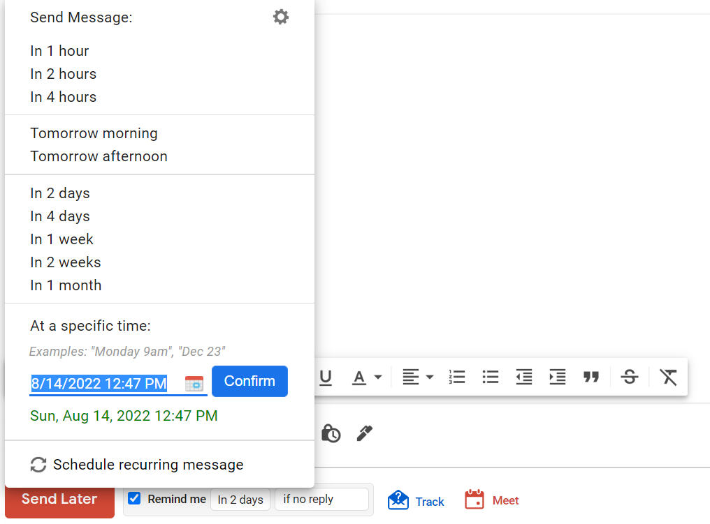 Screenshot of the pop-up window that appears when you click “Send Later” in the Boomerang for Gmail add-on