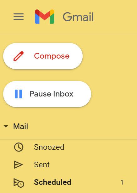 Screenshot of “Mail” along the left of the Gmail screen that needs to be clicked in order to cancel a scheduled email