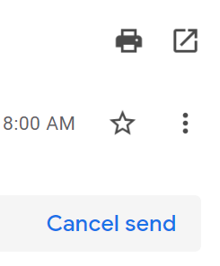 Screenshot of blue “Cancel send” that appears on the far left of the screen next to a scheduled email in Gmail