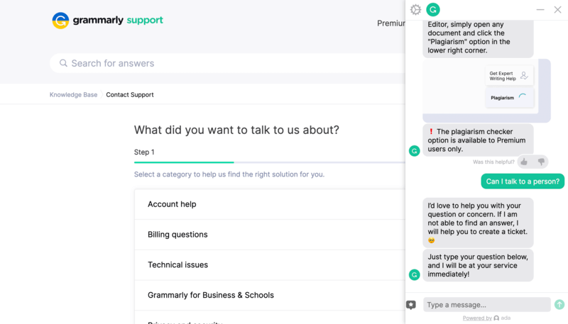 Customer Support Grammarly chat