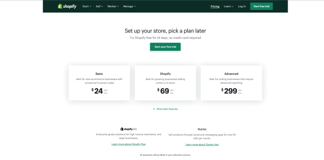 Shopify Pricing Plans -Sonary