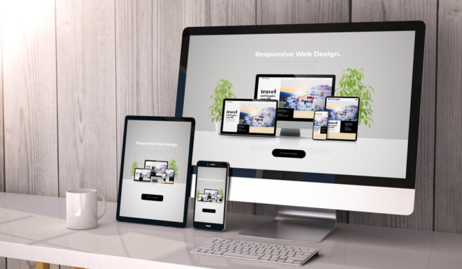 Digital generated devices on desktop, responsive cool website design on screen