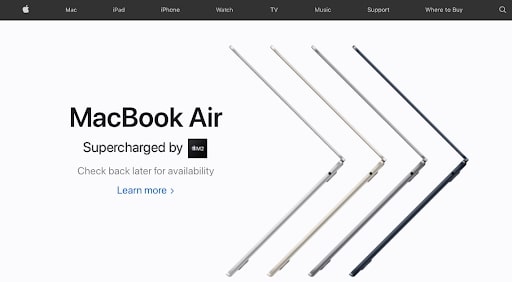 Apple homepage with macbook air promoted