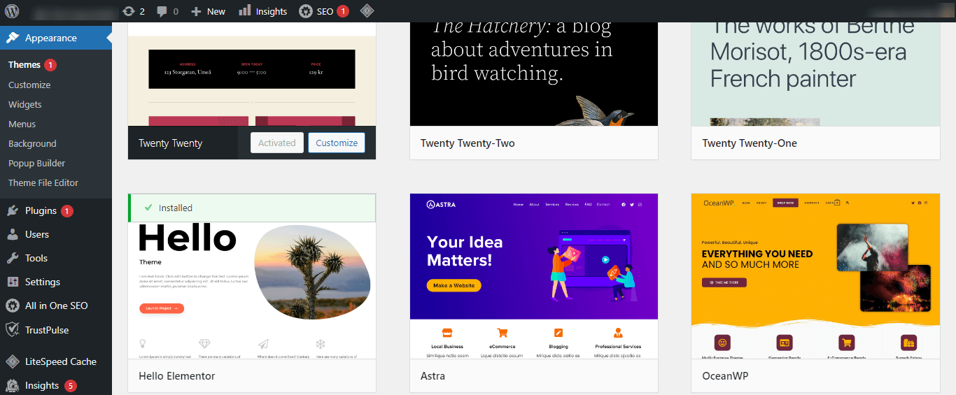 WordPress dashboard screenshot showing the theme store