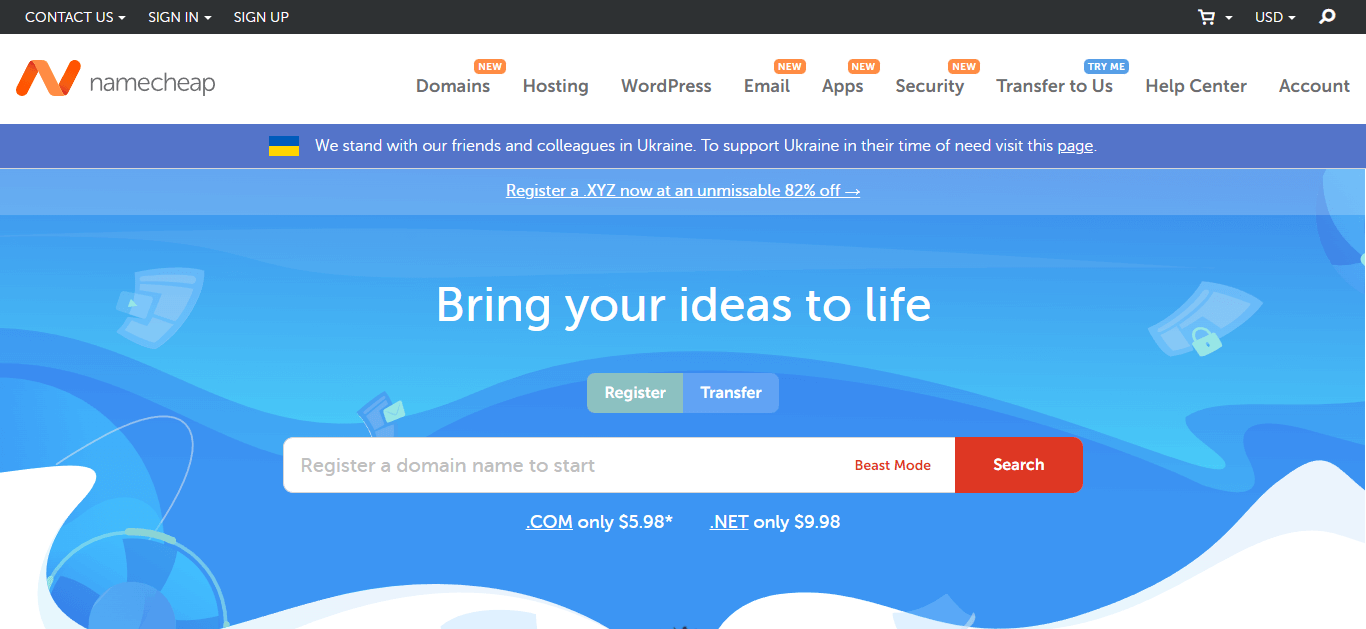 Screenshot of namecheap.com, a domain buying website