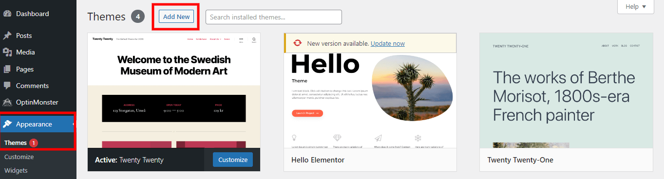Theme store highlighting the dashboard “Appearance” and “Themes” link and the “add new” button for new WP themes