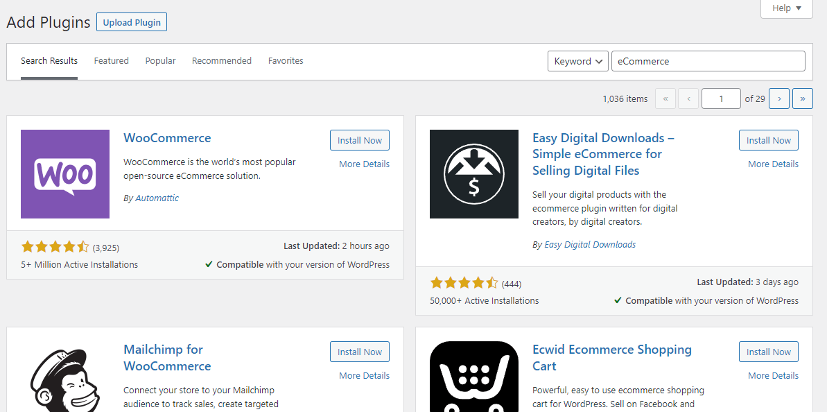 Results of searching “eCommerce” on the WordPress theme store