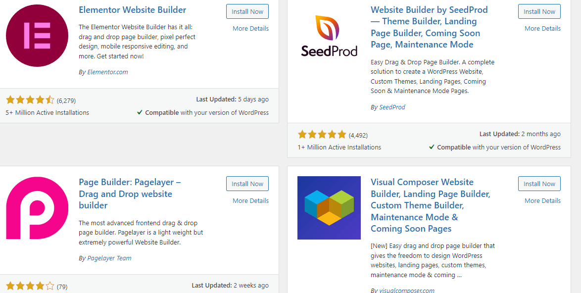 WordPress theme store after searching “website builder”