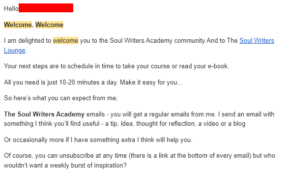 Welcome email to soul writers academy