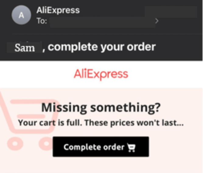 Abandoned cart email from ali express