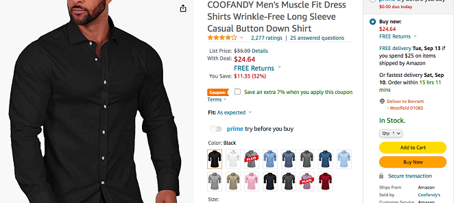 Amazon shopping page for a men’s shirt